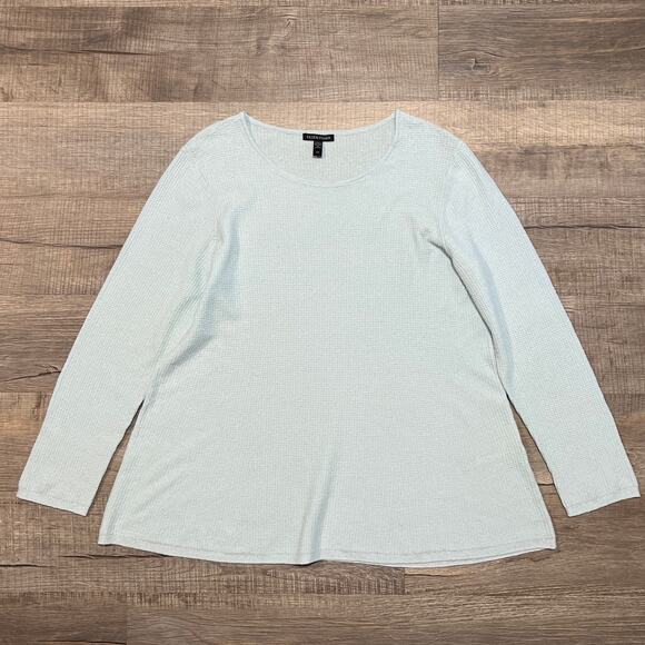 Eileen Fisher Linen Scoop Neck Waffle Knit Top Size Large Light Blue Minimalist - Picture 1 of 6